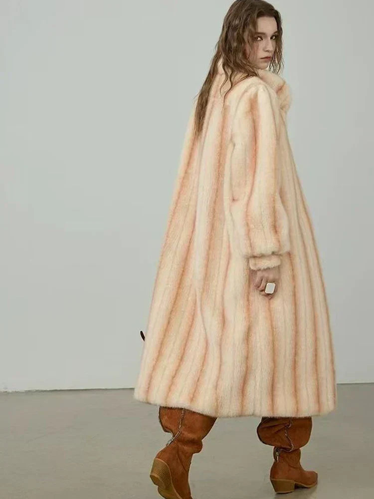 Striped Faux Fur Stand Collar Balloon Sleeve Long Coat 6
