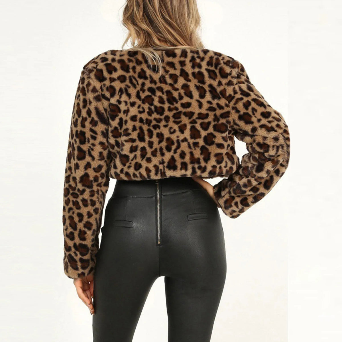 Leopard Print Faux Fur Open Front Cropped Shrug Jacket 3