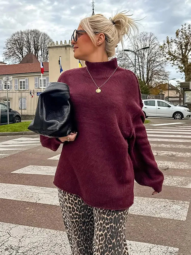 Mock Neck Long Sleeve Oversized Ribbed Knit Sweater