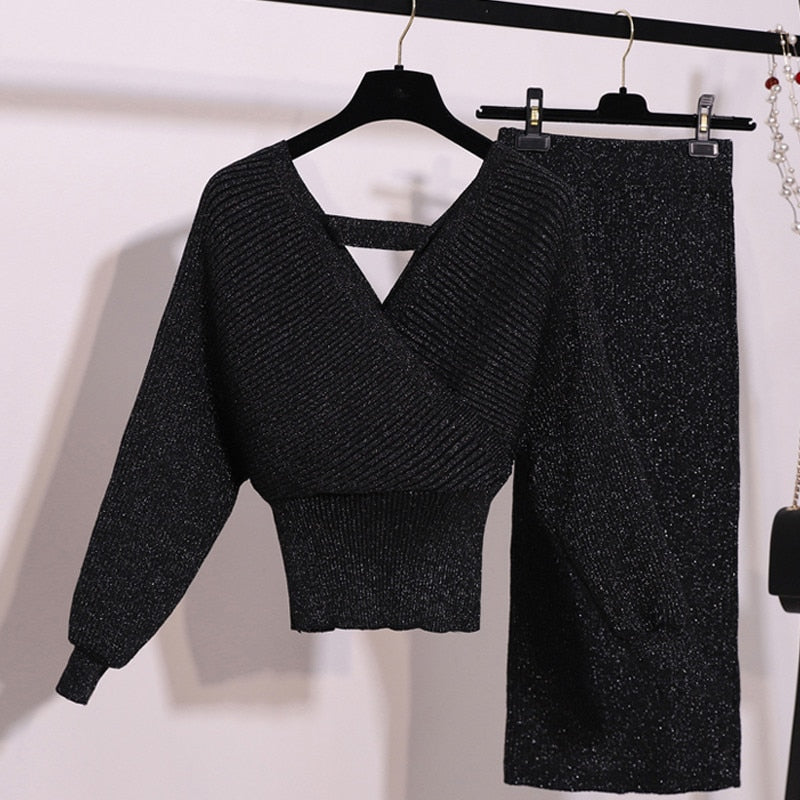 Batwing Sleeve Winter Skirt Sets