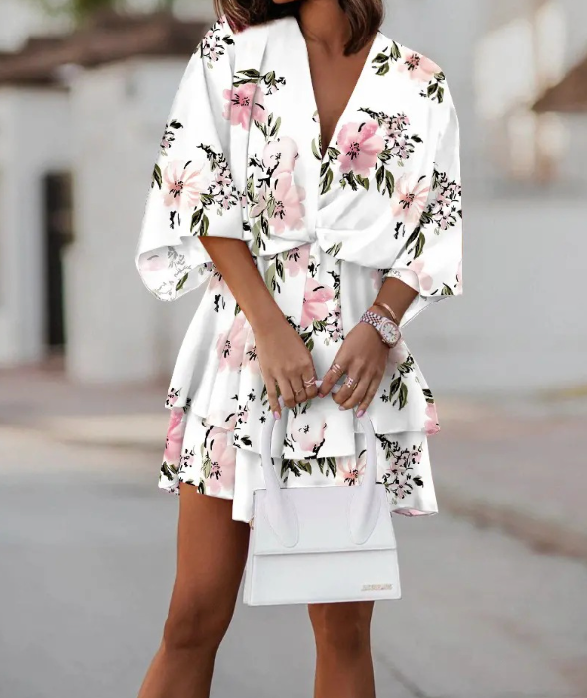 Floral Print V-Neck Kimono Sleeve Twist Front Tiered Mini Dress