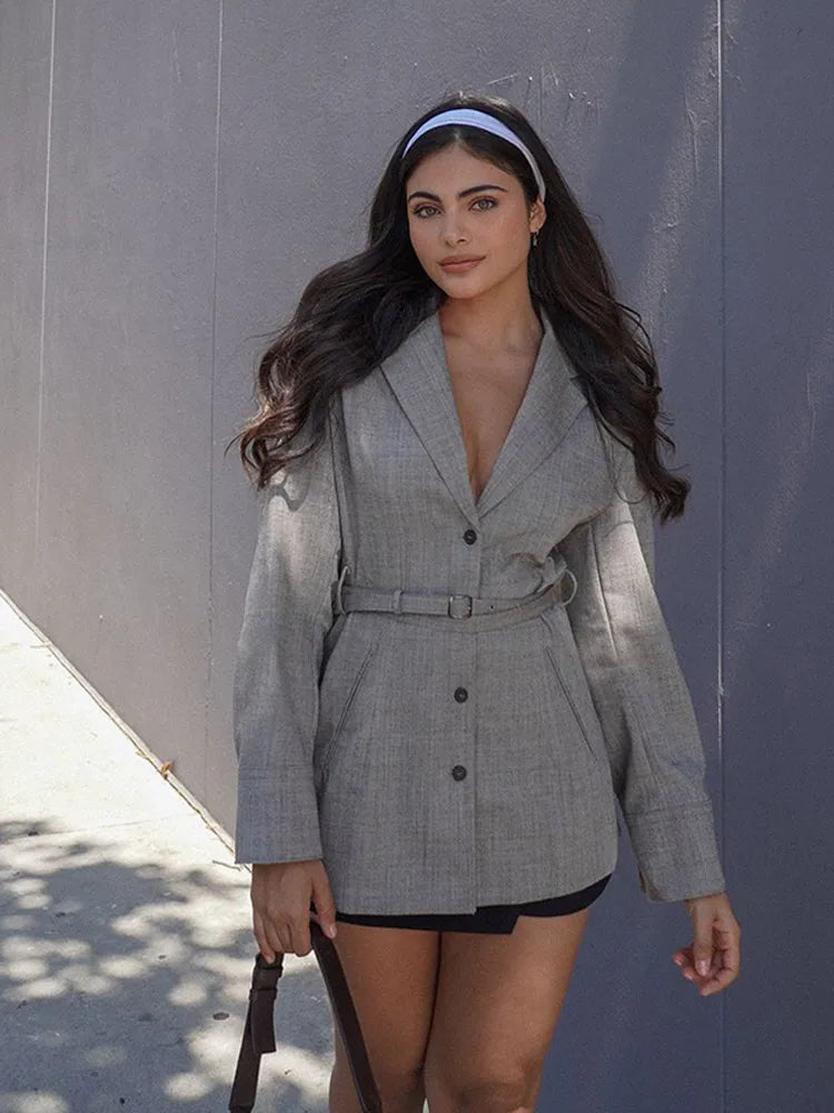 Solid Suit Coat With Belt V-neck Lapel Coat