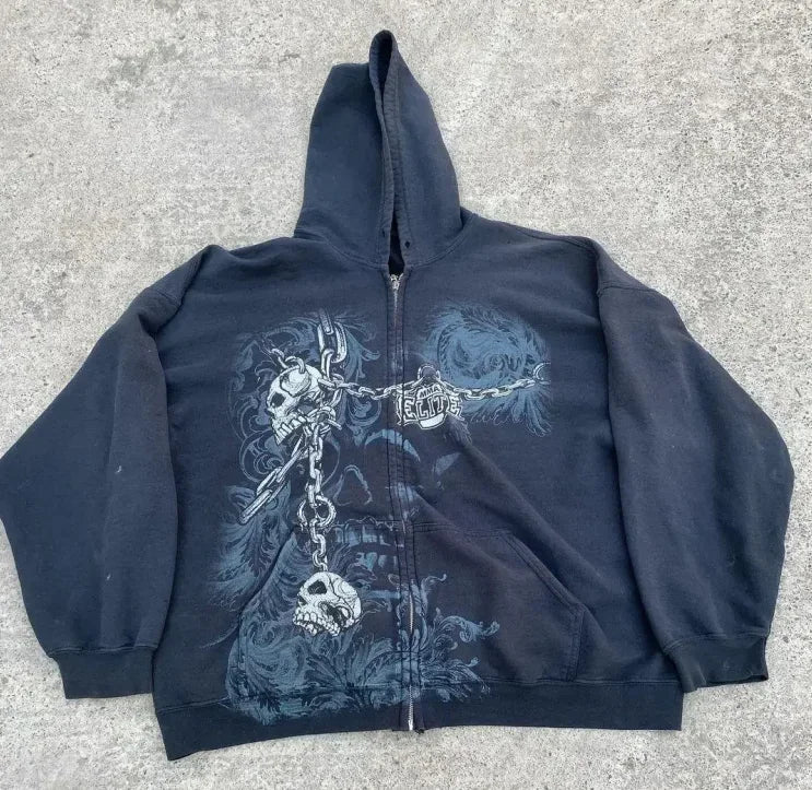 Gothic Skull Tribal Graphic Print Zip Up Hoodie 4