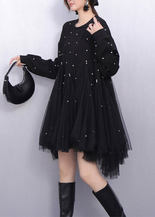 Pearl Embellished Sweatshirt Bodice Tiered Tulle Mini Dress