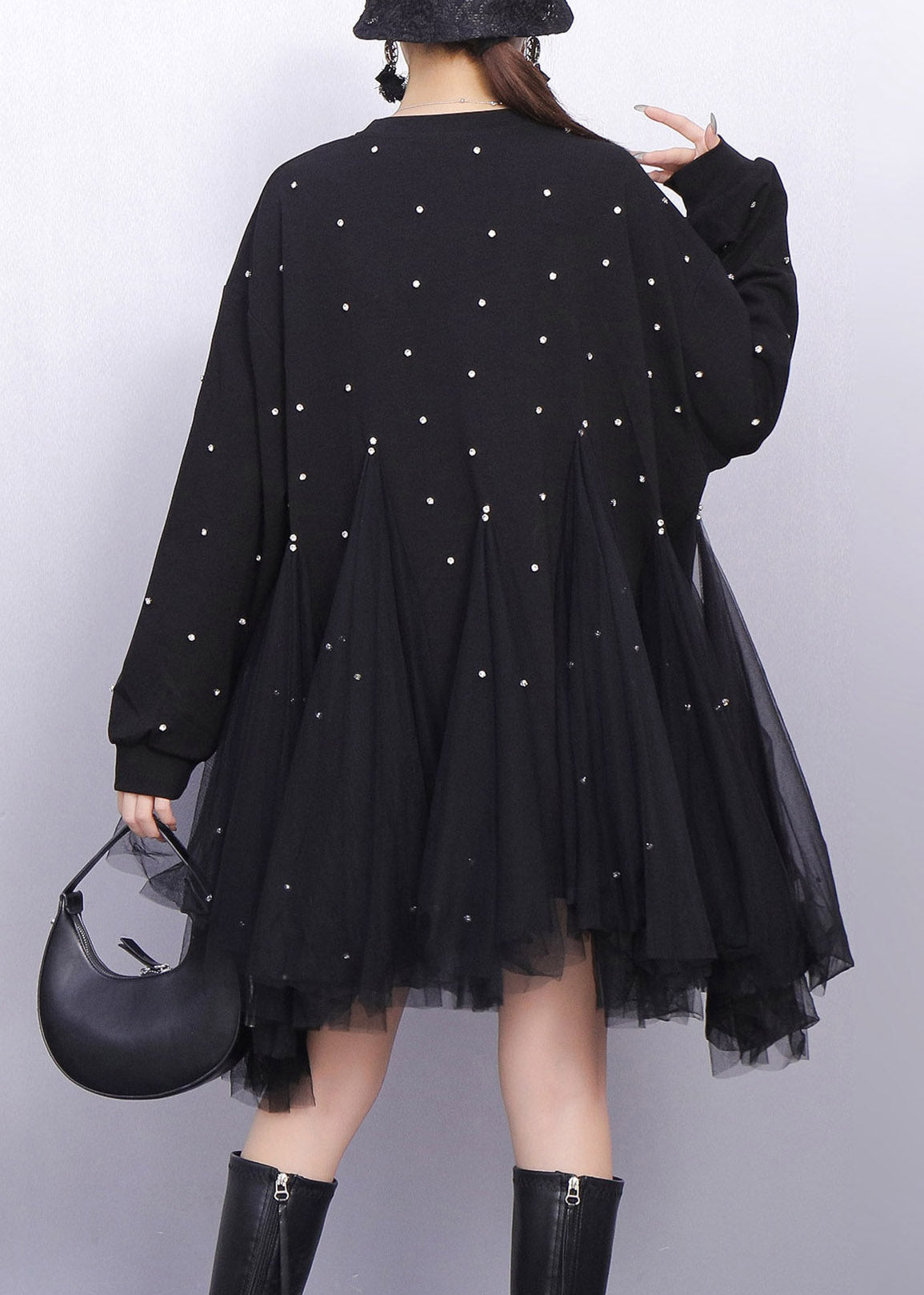 Pearl Embellished Sweatshirt Bodice Tiered Tulle Mini Dress