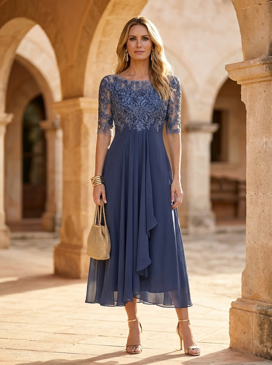 Lace Bodice Short Sleeve Chiffon A-Line Midi Dress Wedding Guest