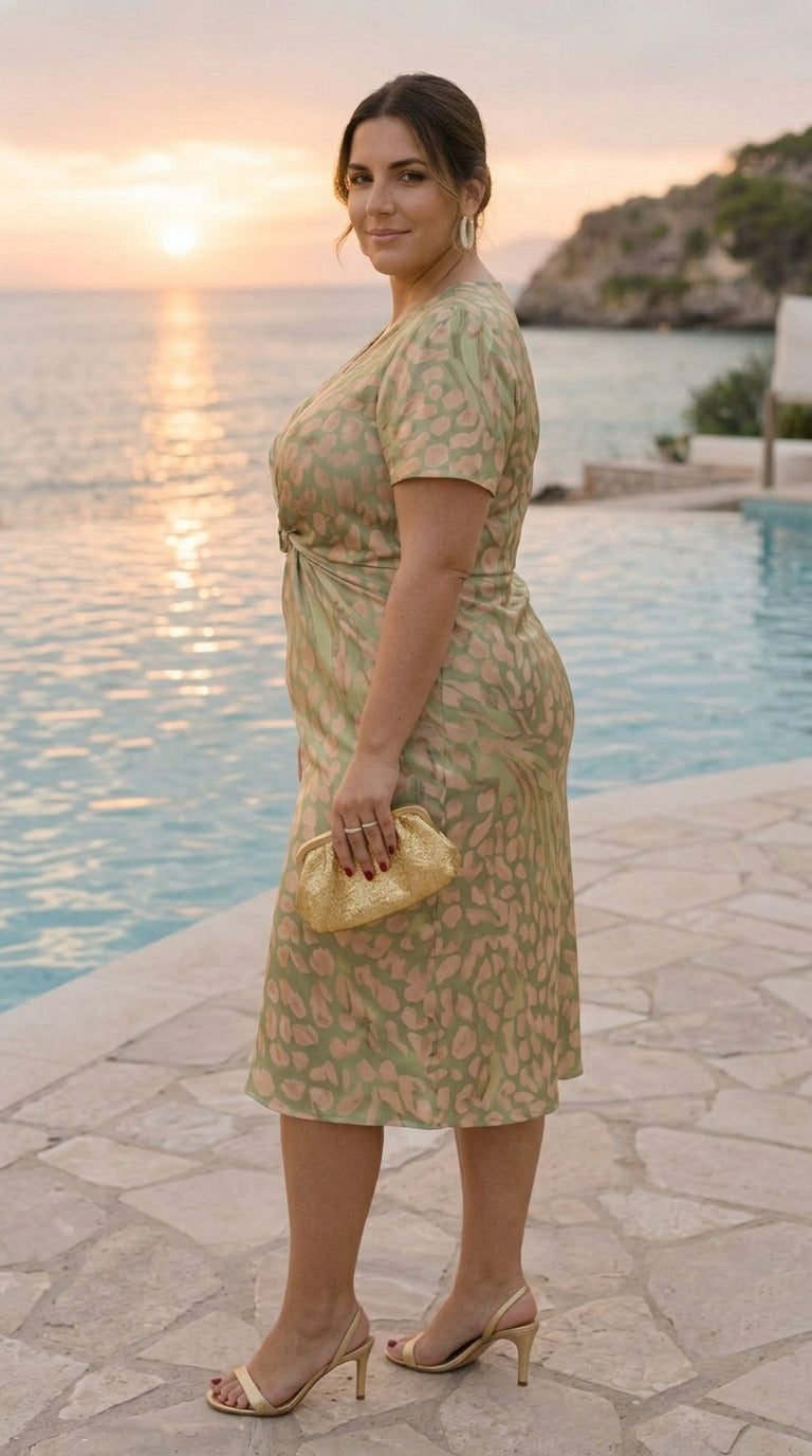 Animal Print V-Neck Short Sleeve Twist Front Midi Dress
