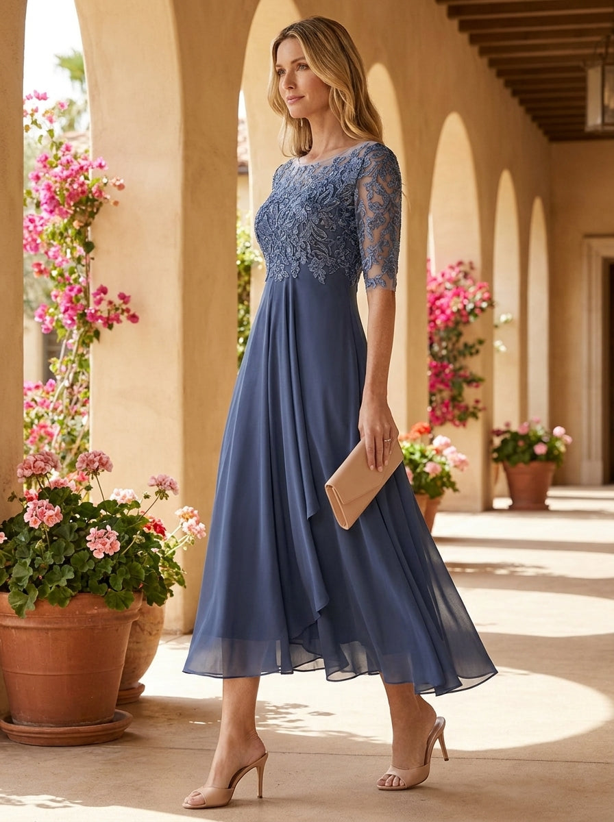 Lace Bodice Short Sleeve Chiffon A-Line Midi Dress Wedding Guest