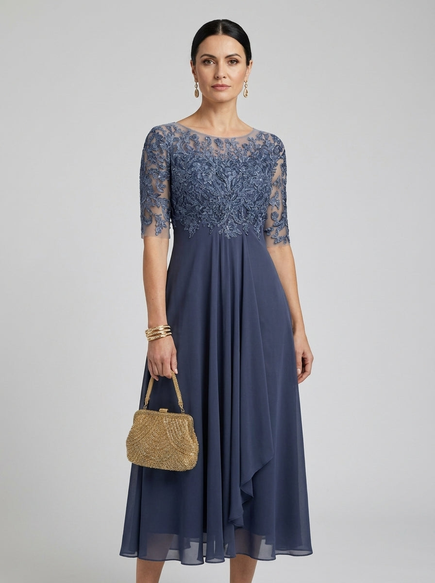 Lace Bodice Short Sleeve Chiffon A-Line Midi Dress Wedding Guest