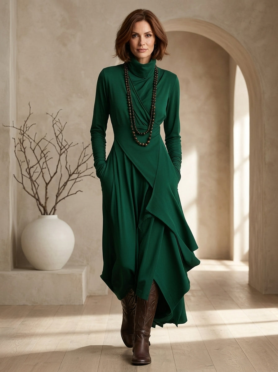 Turtleneck Long Sleeve Wrap Asymmetric Maxi Dress