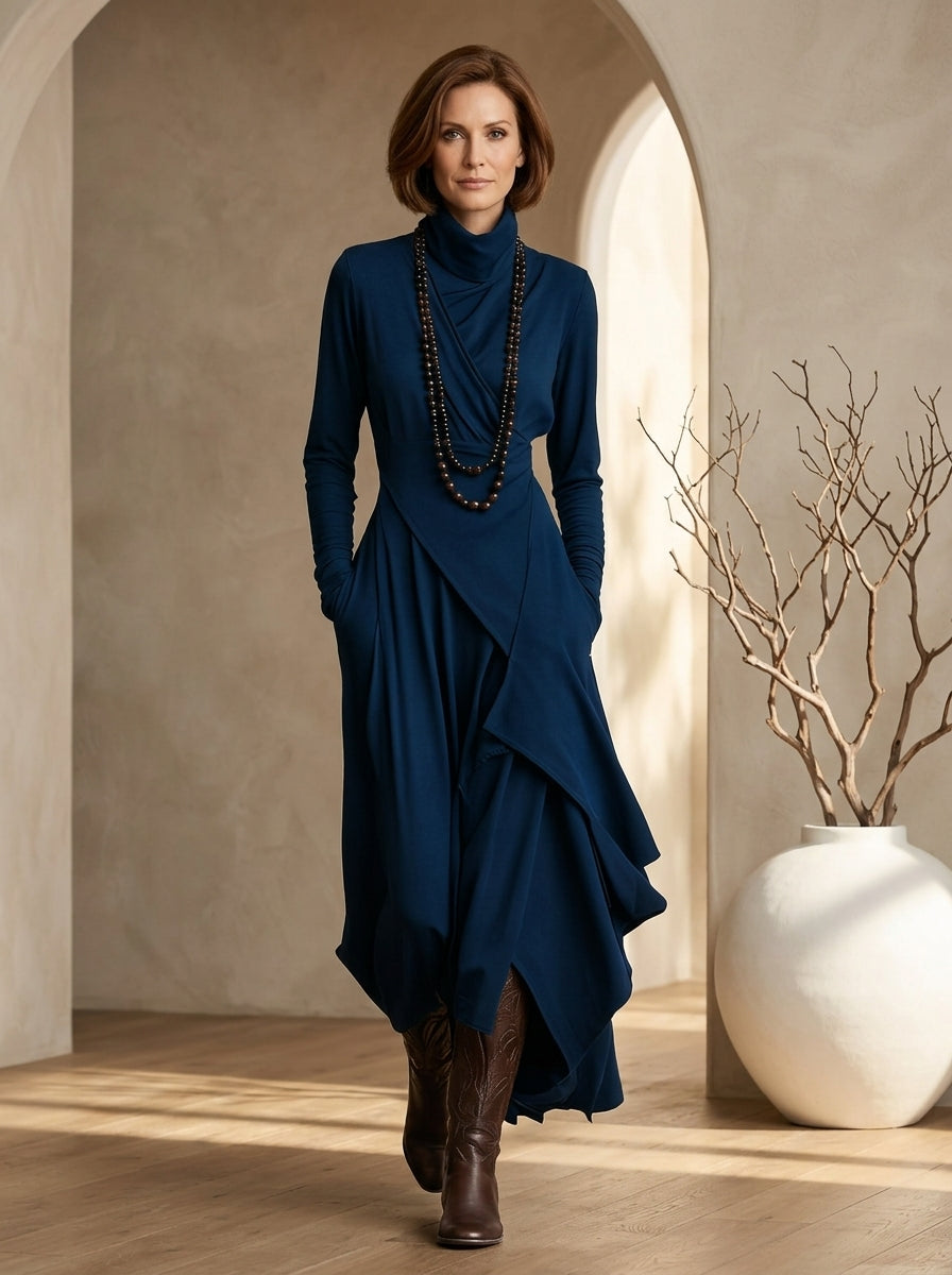Turtleneck Long Sleeve Wrap Asymmetric Maxi Dress