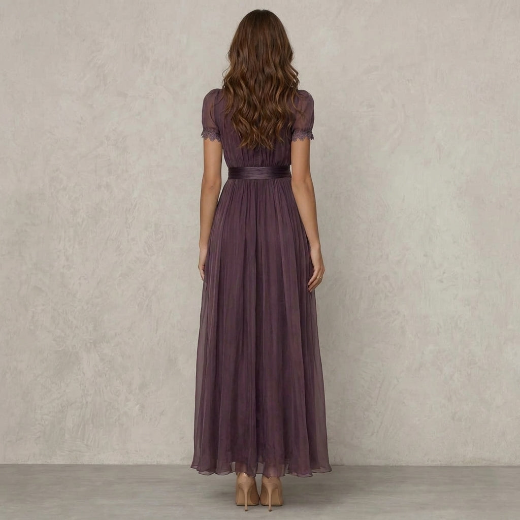 Chiffon Keyhole Lace Trim Short Sleeve A-Line Maxi Dress