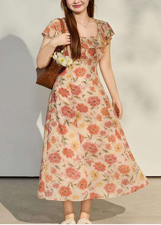 Women Apricot Ruffled Print Chiffon Robe Dresses Summer 2
