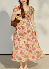 Women Apricot Ruffled Print Chiffon Robe Dresses Summer 2