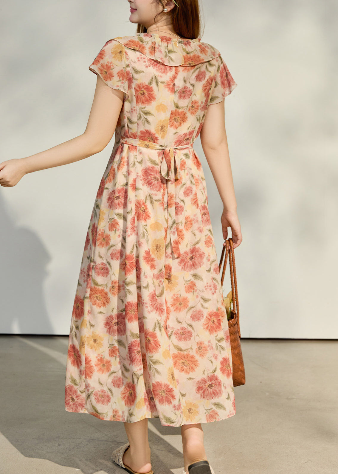 Women Apricot Ruffled Print Chiffon Robe Dresses Summer 3