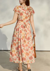 Women Apricot Ruffled Print Chiffon Robe Dresses Summer 3