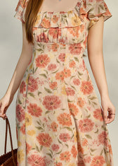 Women Apricot Ruffled Print Chiffon Robe Dresses Summer 5