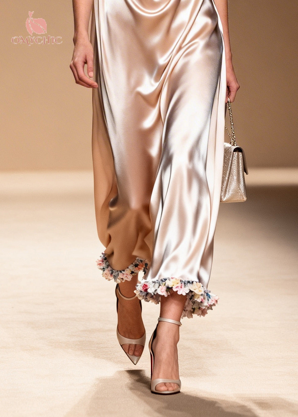 Women Apricot V Neck Floral Silk Maxi Dress Sleeveless - View 4