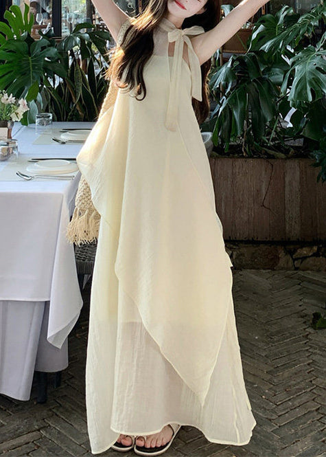 Halter Neck Tie Sleeveless Asymmetrical Layered Crinkle Maxi Dress