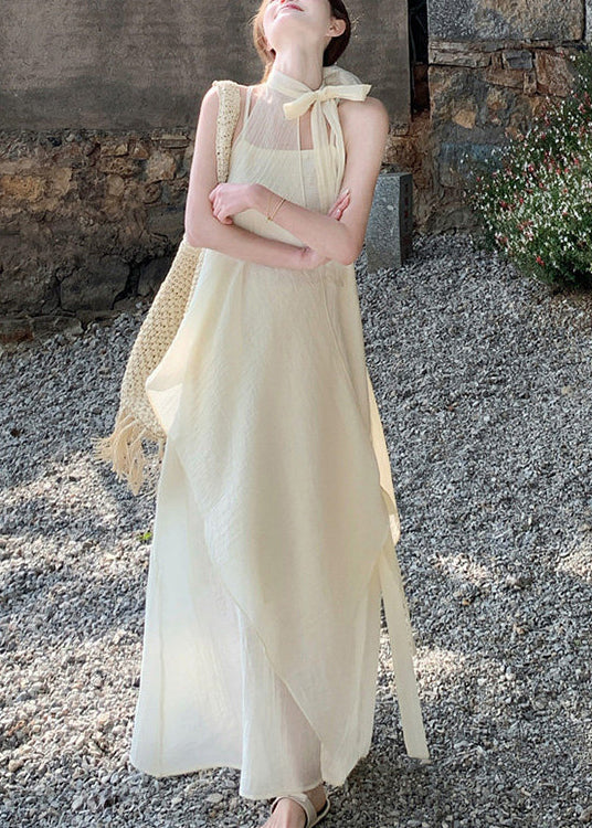Women Beige Asymmetrical Chiffon Halter Dresses Summer - View 3