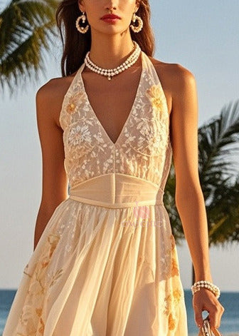 Women Beige Cold Shoulder Print Tulle Halter Dresses Summer 2