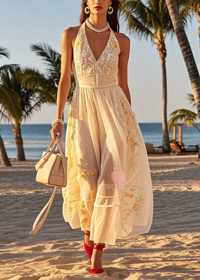 Women Beige Cold Shoulder Print Tulle Halter Dresses Summer 3