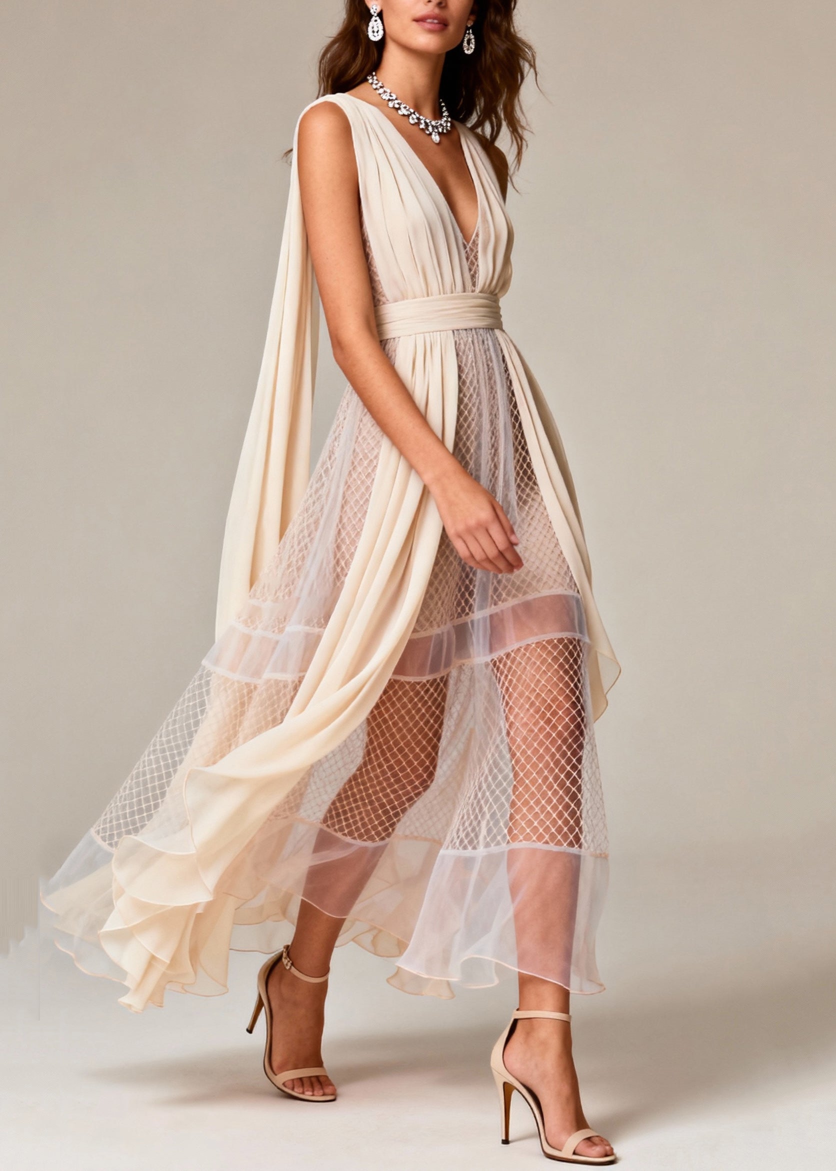 Mesh Pleated Deep V-Neck Shoulder Streamer Tiered Asymmetric Maxi Gown