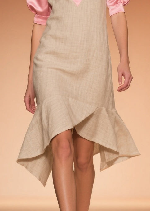 Faux Two-Piece Deep V-Neck Short Puff Sleeve Woven Satin Trim High Low Midi Dress