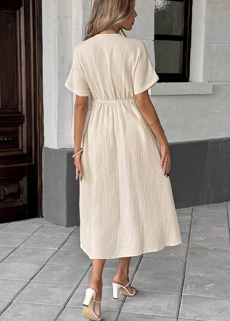 Crinkle Gauze Deep V-Neck Lace Up Short Sleeve Empire Waist A-Line Midi Dress