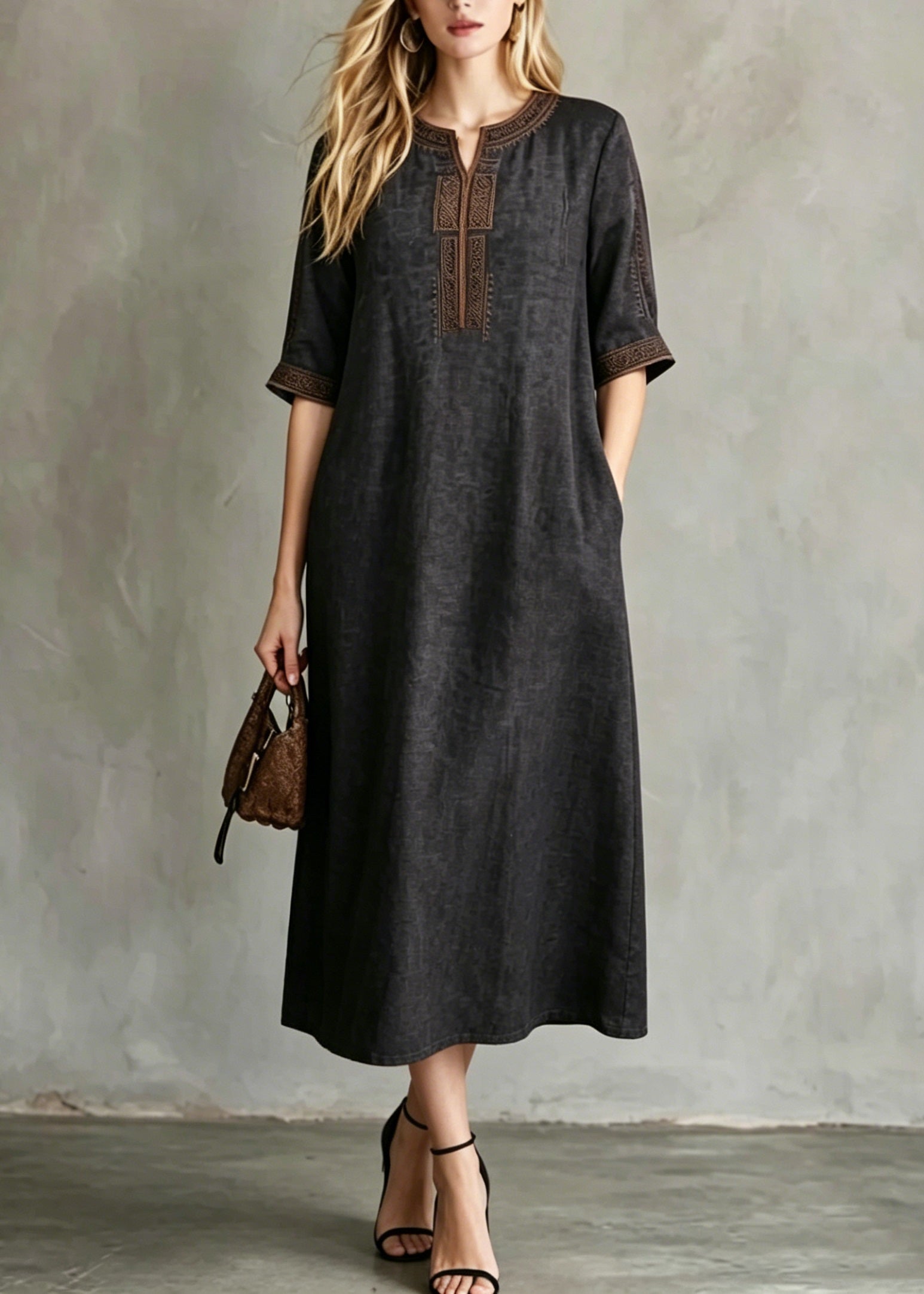 Embroidered Split Neck Elbow Sleeve Side Pocket Woven Shift Midi Dress