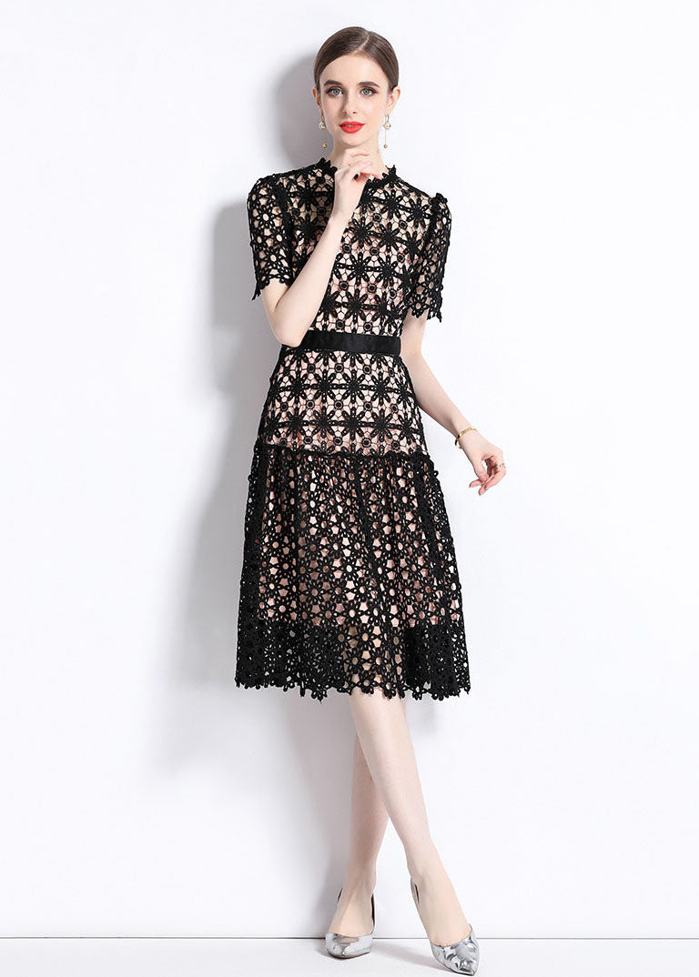 Lace Overlay Mock Neck Short Sleeve Belted Fit and Flare Knee Length Dress