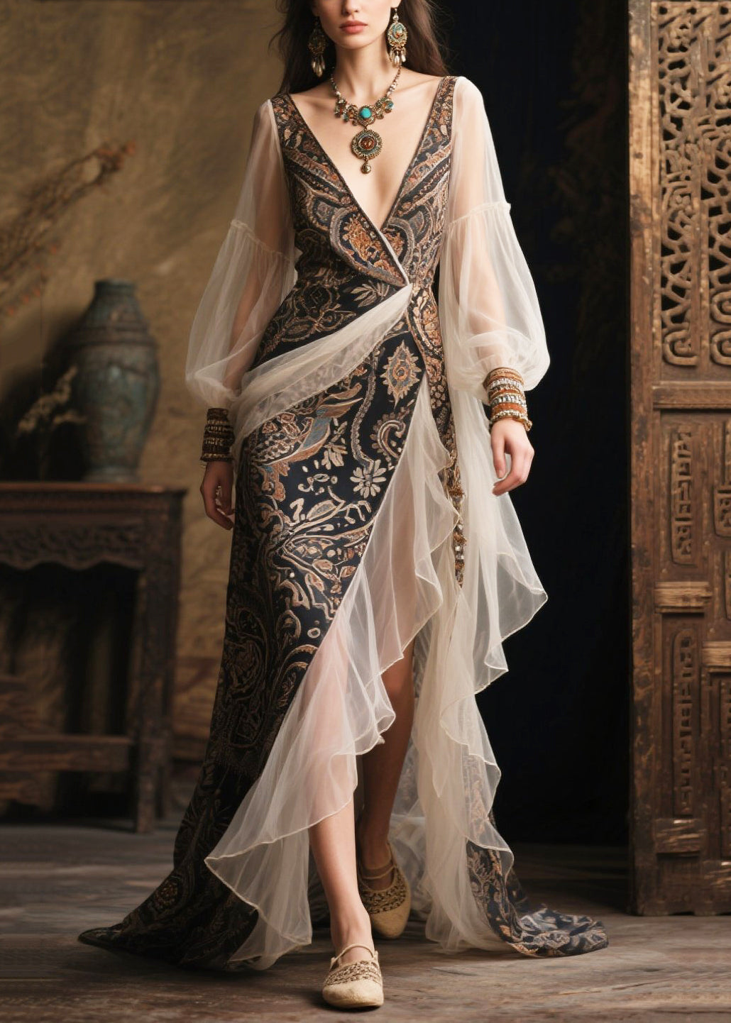 Deep V-Neck Wrap Paisley Bishop Sleeve Tiered Ruffle Maxi Gown