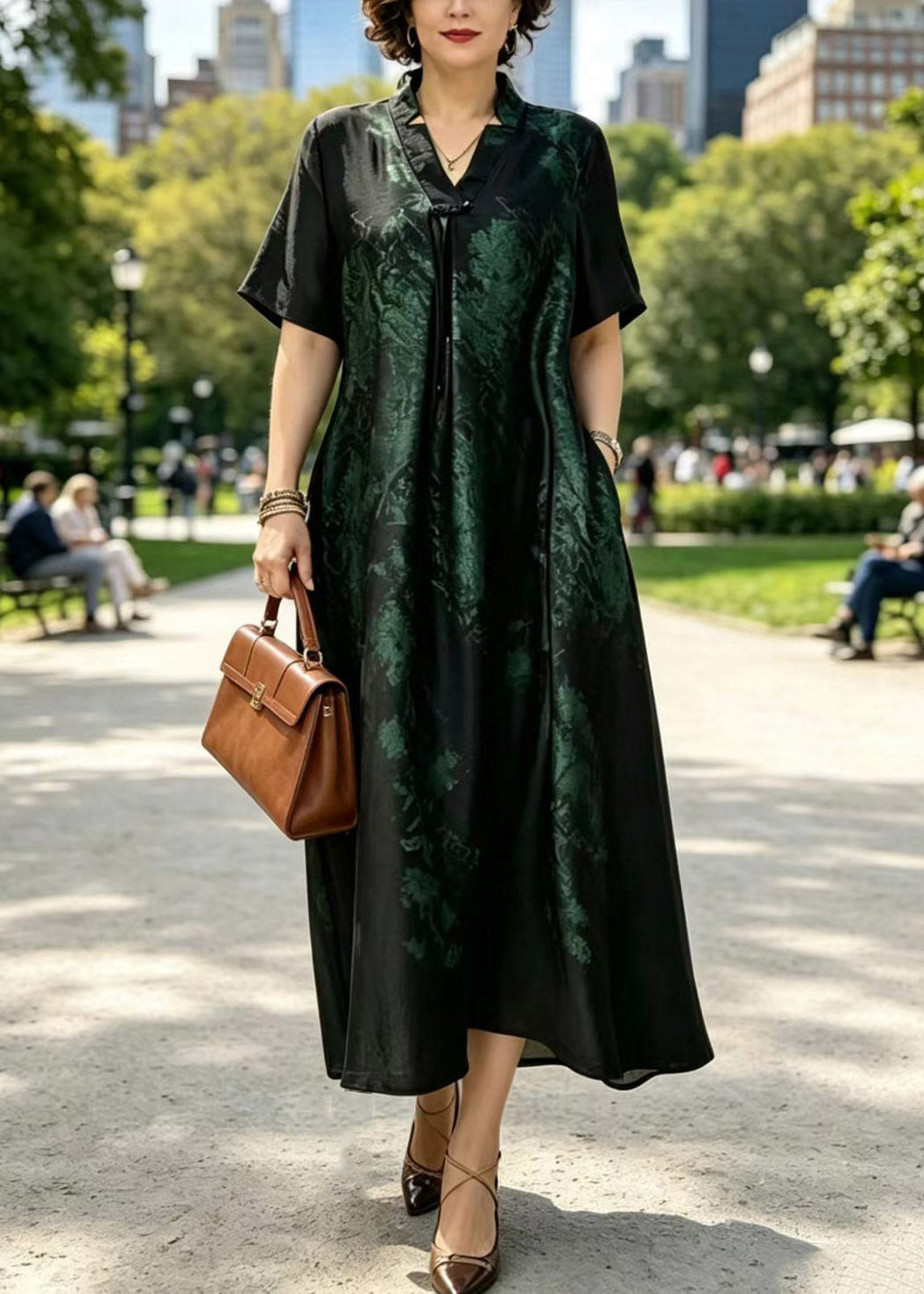 Metallic Floral Print V-Neck Drawstring Neck Short Sleeve Pocket A-Line Maxi Dress