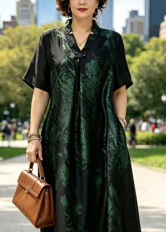 Metallic Floral Print V-Neck Drawstring Neck Short Sleeve Pocket A-Line Maxi Dress