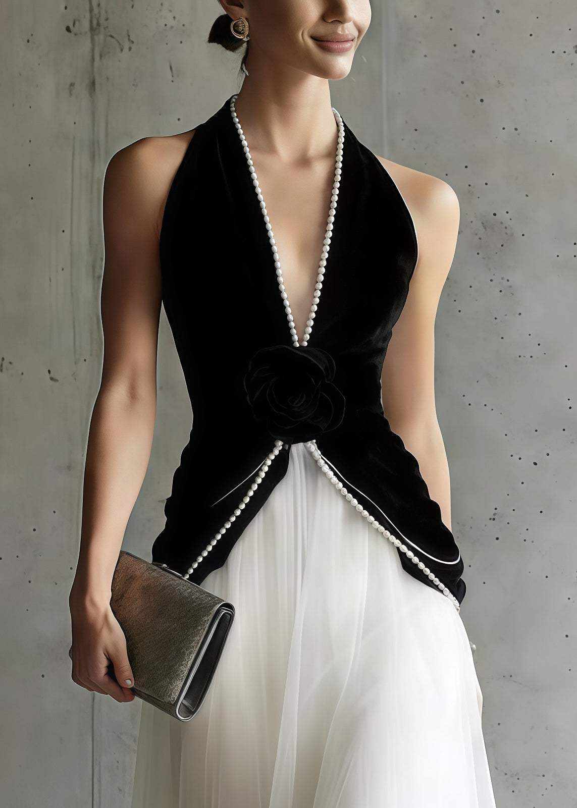 Velvet Halter Neck Deep V-Neck Rosette Tulle Maxi Dress
