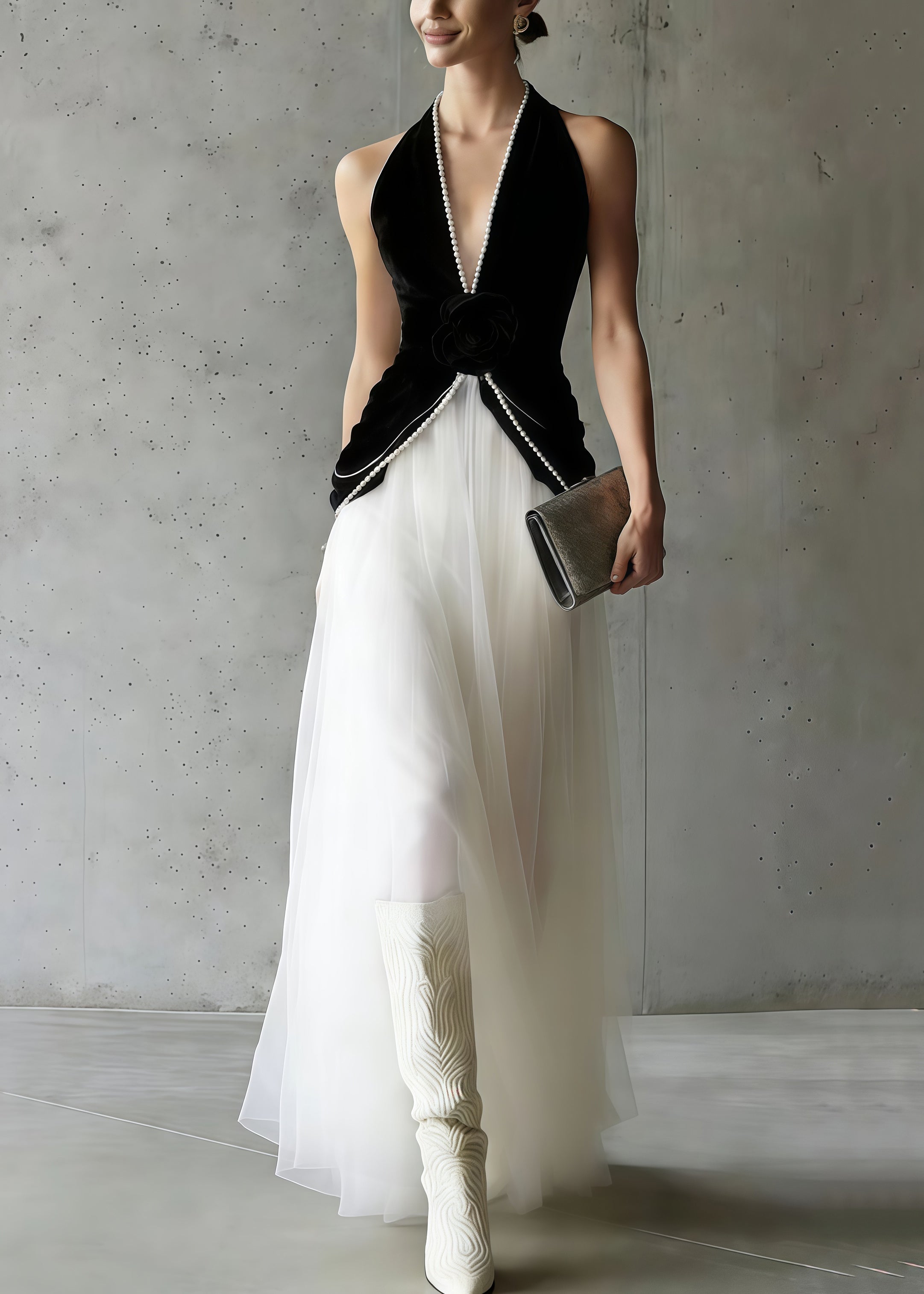 Velvet Halter Neck Deep V-Neck Rosette Tulle Maxi Dress
