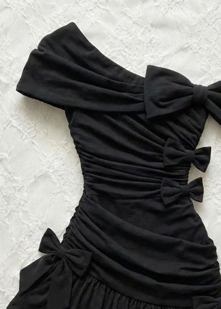 One Shoulder Bow Ruched Tiered Ruffle Bodycon Mini Party Dress