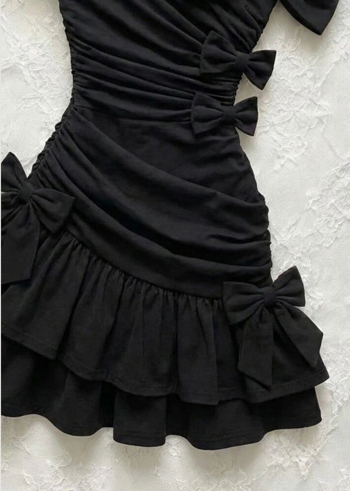 One Shoulder Bow Ruched Tiered Ruffle Bodycon Mini Party Dress