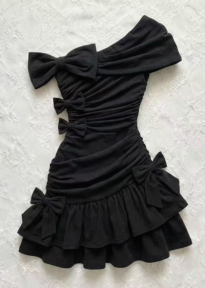 One Shoulder Bow Ruched Tiered Ruffle Bodycon Mini Party Dress