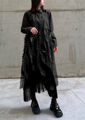 Women Black Peter Pan Collar Tulle Patchwork Cotton Shirts Dress Long Sleeve