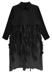 Women Black Peter Pan Collar Tulle Patchwork Cotton Shirts Dress Long Sleeve 5