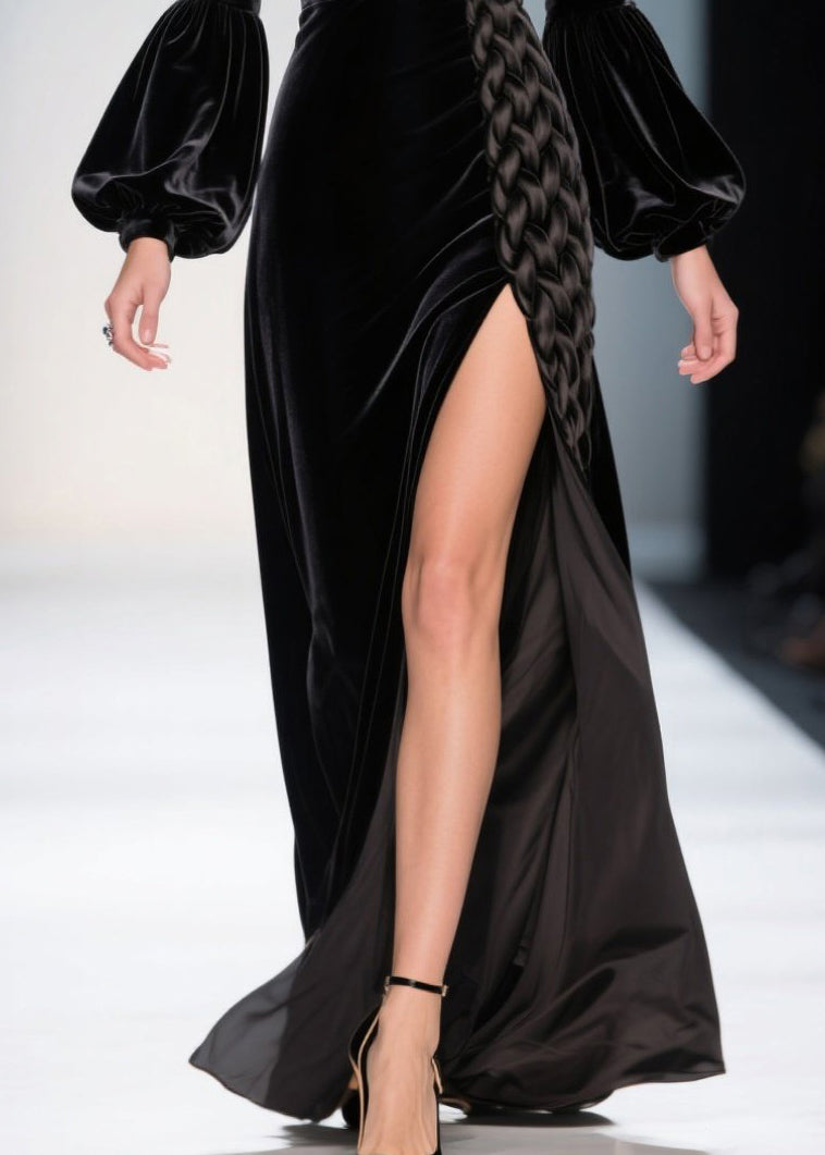 Velvet Square Neck Bishop Sleeve Braid Trim High Split Maxi Gown