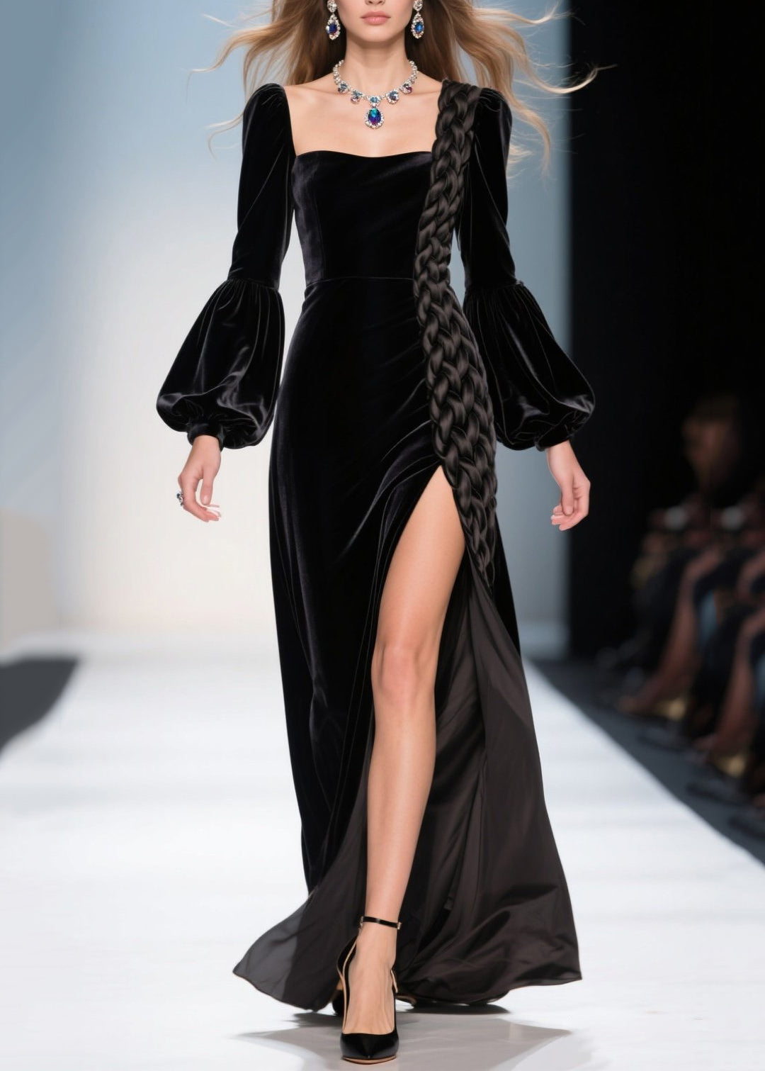 Velvet Square Neck Bishop Sleeve Braid Trim High Split Maxi Gown