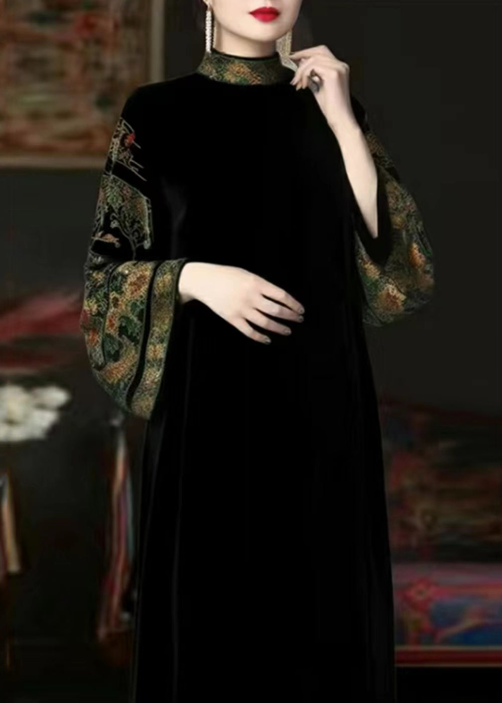 Velvet Embroidered Mock Neck Bell Sleeve Maxi Dress