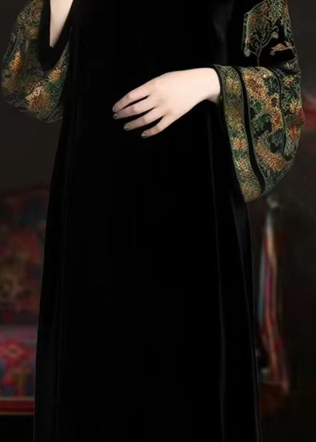 Velvet Embroidered Mock Neck Bell Sleeve Maxi Dress