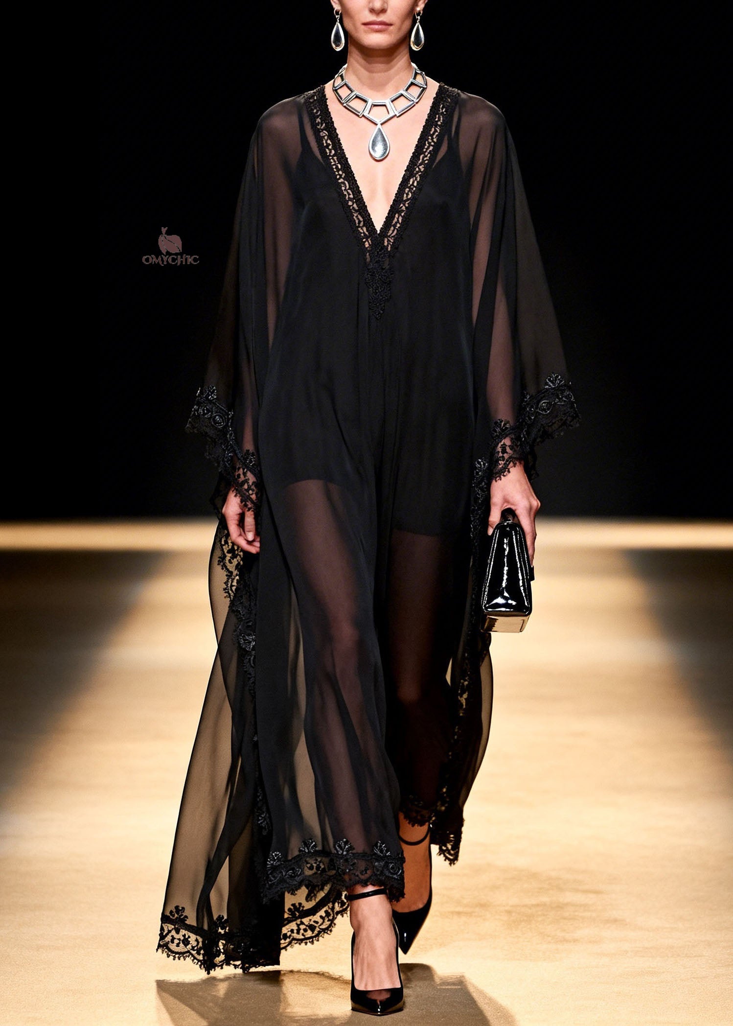 Women Black V Neck Patchwork Chiffon Maxi Dresses Summer - View 3