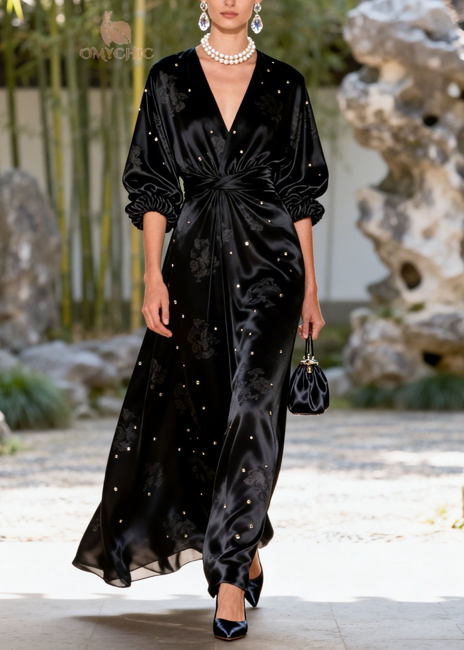 Jacquard Floral Deep V-Neck Wrap Waist Stud Embellished Puff Sleeve Maxi Gown