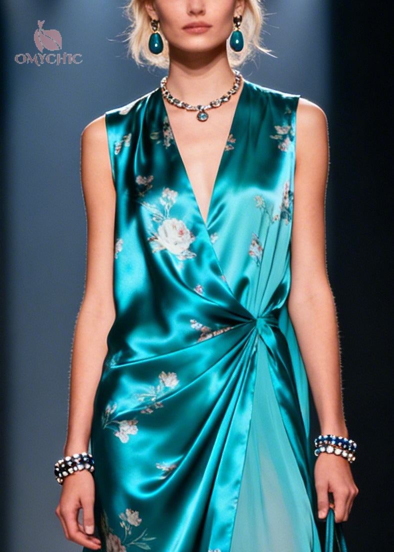 Satin Floral Print Deep V-Neck Wrap High Split Chiffon Layer Maxi Gown