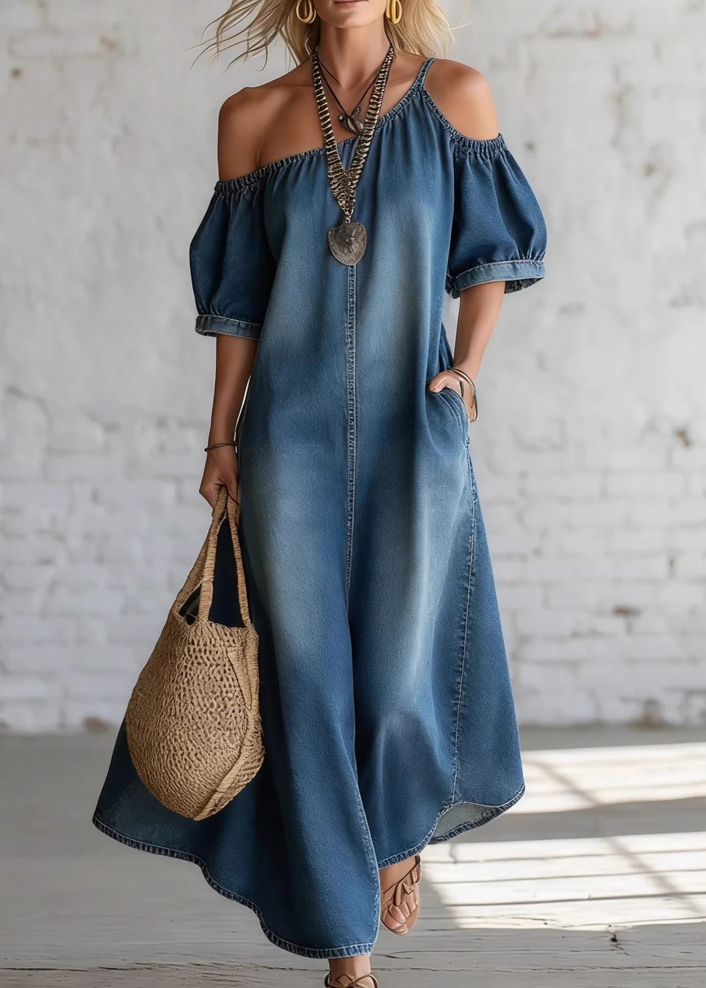 Women Blue Cold Shoulder Side Open Patchwork Denim Dresses Summer