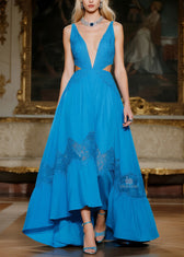 Women Blue Hollow Out Lace Patchwork Spaghetti Strap Dresses Summer 3